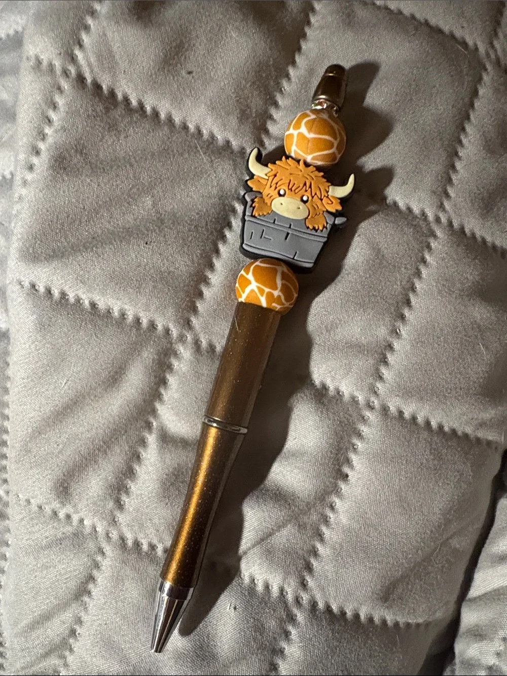 Whimsical Highland Cow Ballpoint Pen in Metallic Bronze and Orange